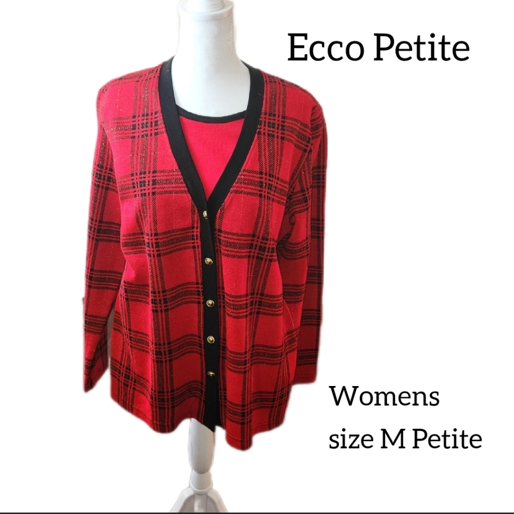 ECCO PETITES LONG SLEEVE BLOUSE RED/BLACK  PLAID SIZE M PETITE